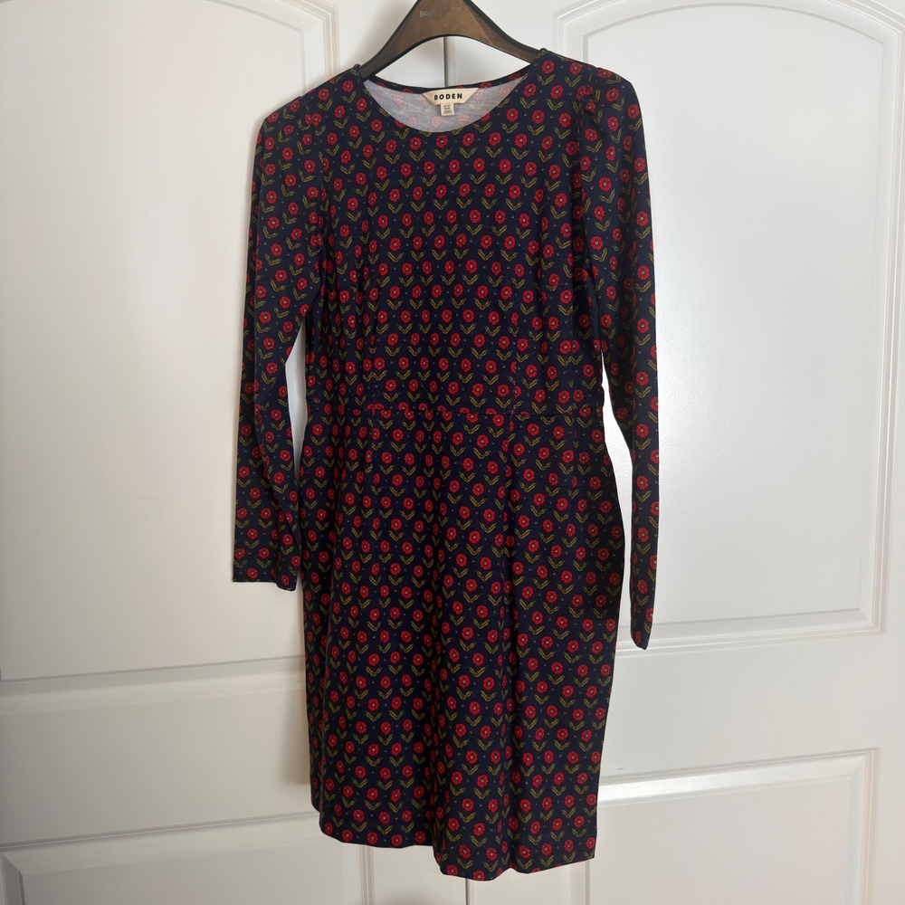 Boden Womens Navy Blue Red Floral Daisy Jersey Long Sleeve Dress Size 8P Petite